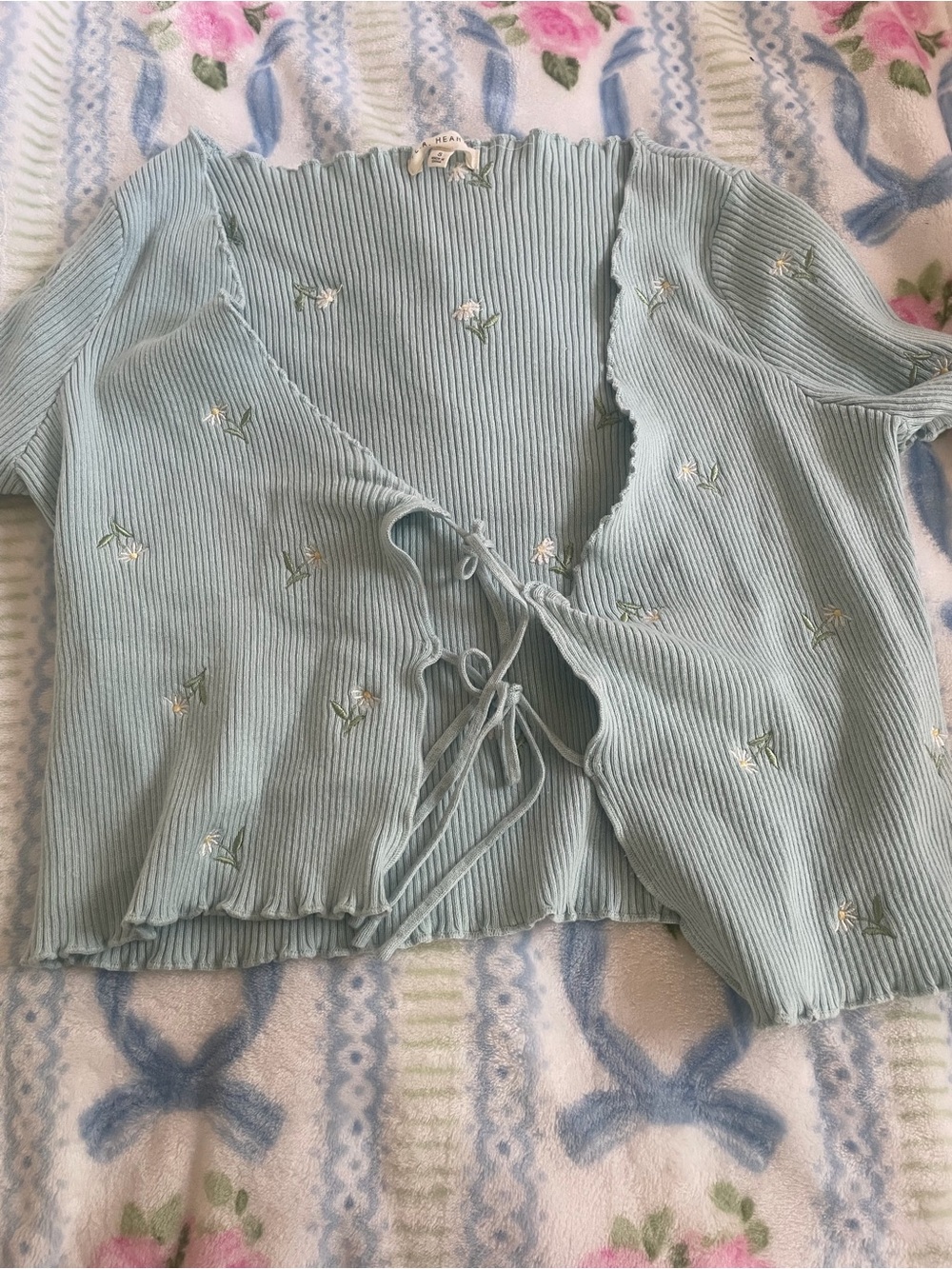PacSun Light Blue Ribbed Tie-Front Embroidered Floral Top